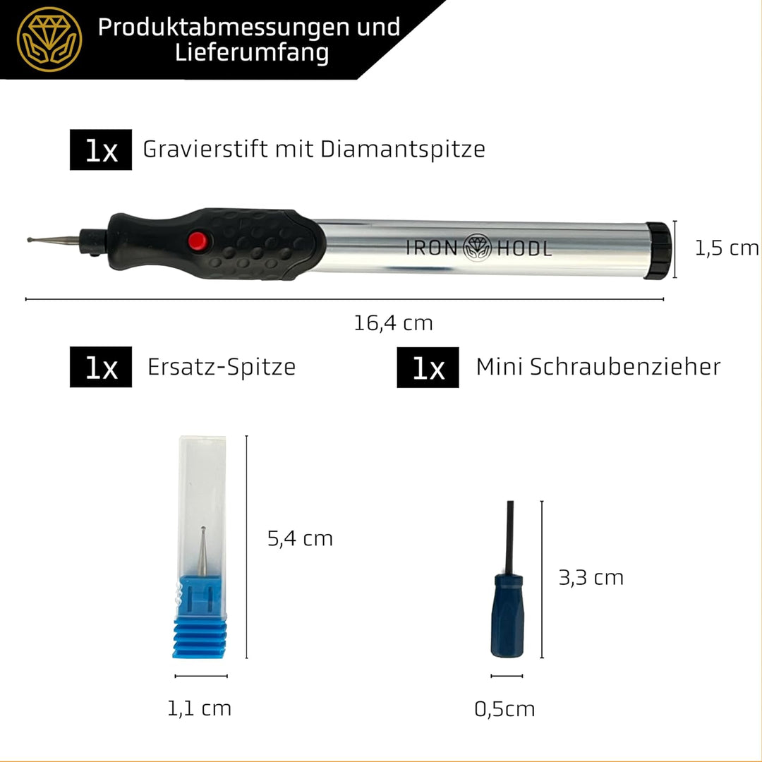 IRON HODL - Gravierstift mit Diamantspitze für Metall, Keramik, Glas gravieren - 2X AAA Batteriebetr