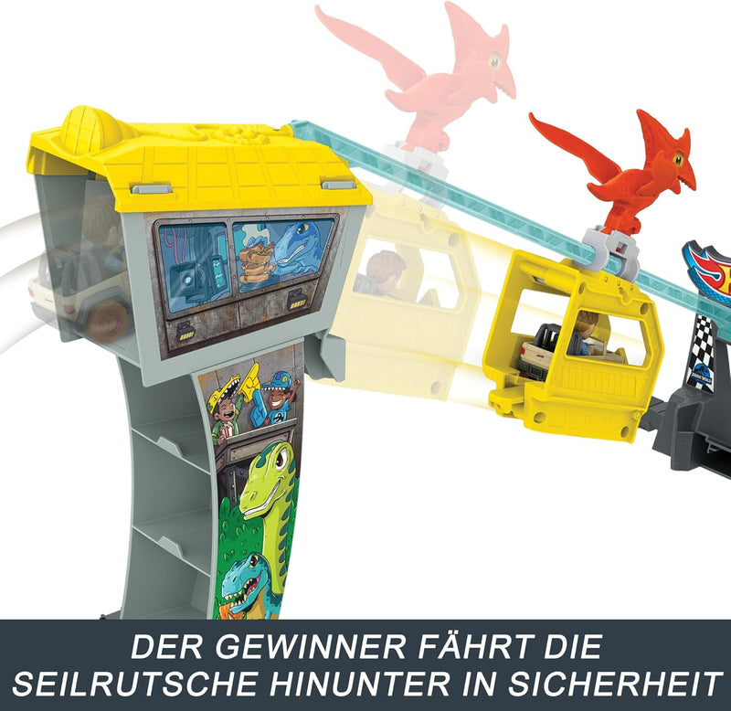 Hot Wheels Trackset und Spielzeugautos, RacerVerse Jurassic World Blues Raptorenangriff Trackset mit