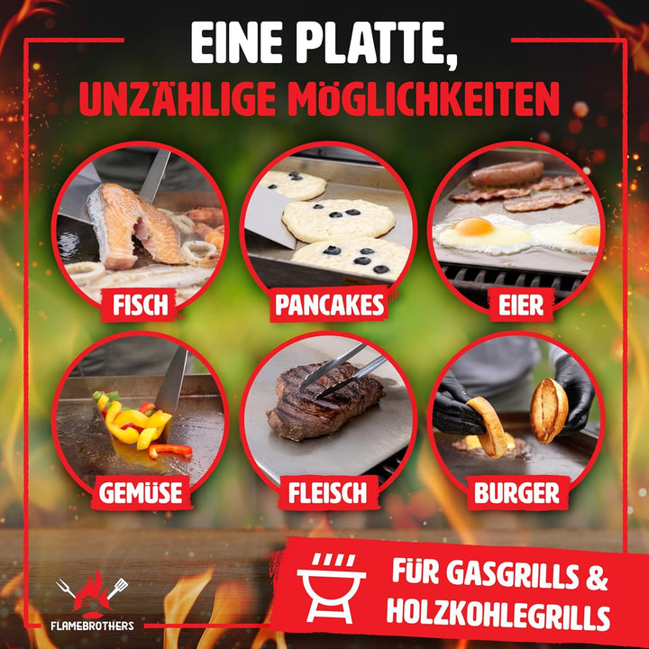 Plancha Grillplatte - All In Grillzubehör Set mit Grillspachtel & Grillschaber - 4mm rostfreier Edel