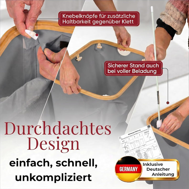 HomyFeel - Wäschekorb 3 Fächer rollbar, 160L Wäschesammler mit Deckel, Wäschesortierer gross, Oxford