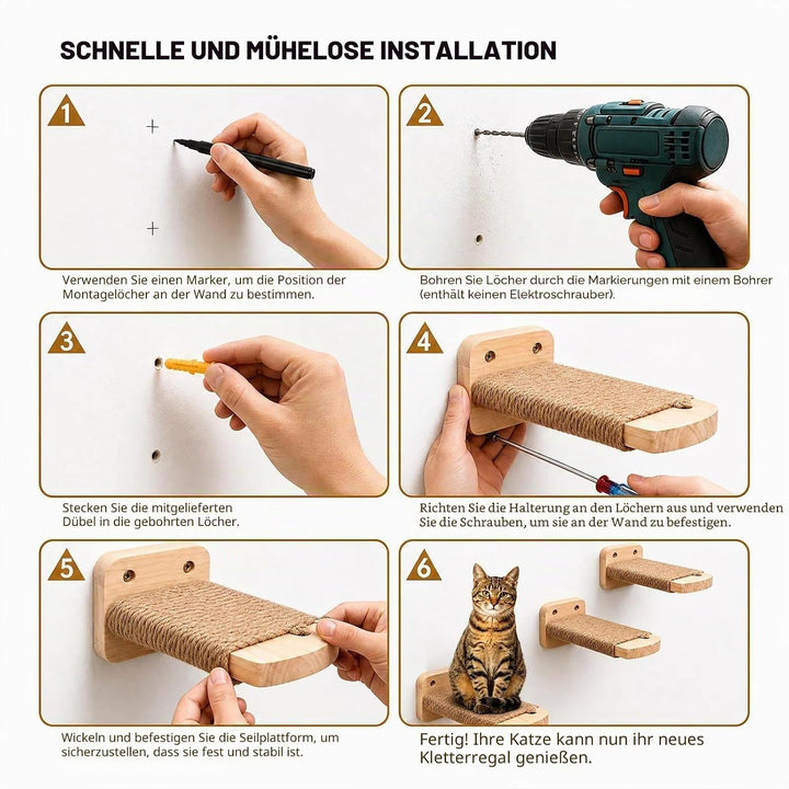 4pcs Katzentreppe Wand, Kletterwand Katzen aus Holz,Wandliege Kletterwand Katzen mit Juteseil zum Kr