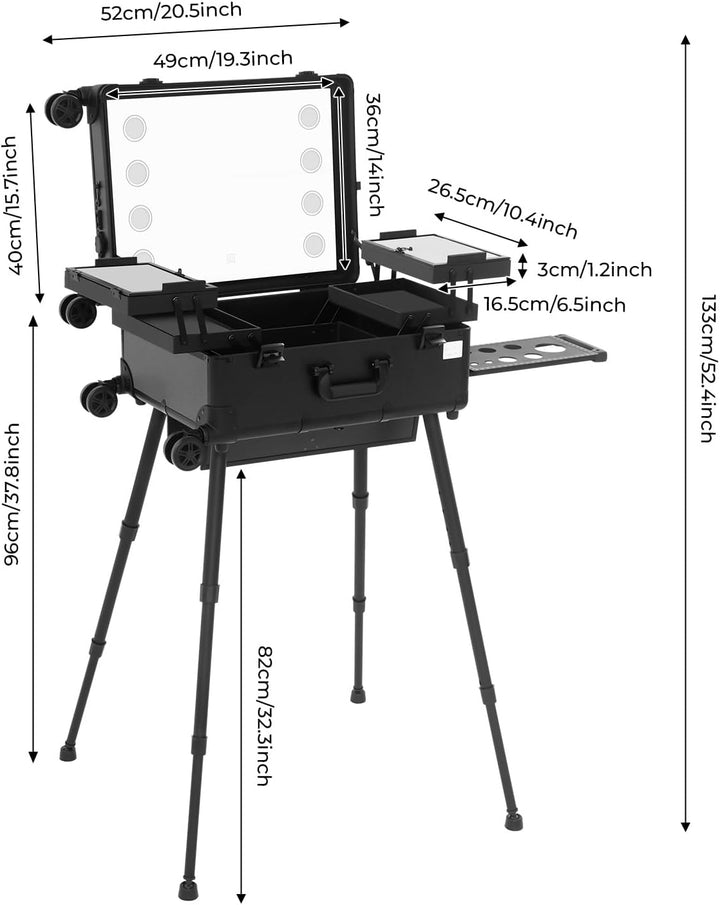 Kosmetikkoffer Trolley, Schminkkoffer mit LED Beleuchtung & Spiegel, Schminkkoffer Einstellbare Höhe