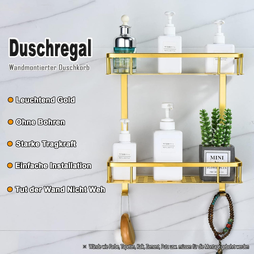 Duschregal Gold, Duschablage Ohne Bohren Badezimmer Regal aus Metall Wand Badregal Duschkorb, Rostfr