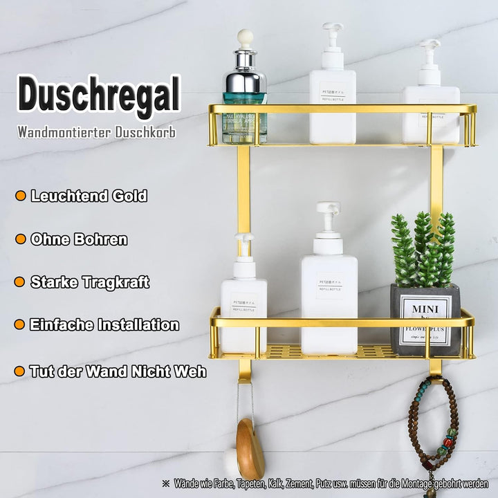 Duschregal Gold, Duschablage Ohne Bohren Badezimmer Regal aus Metall Wand Badregal Duschkorb, Rostfr