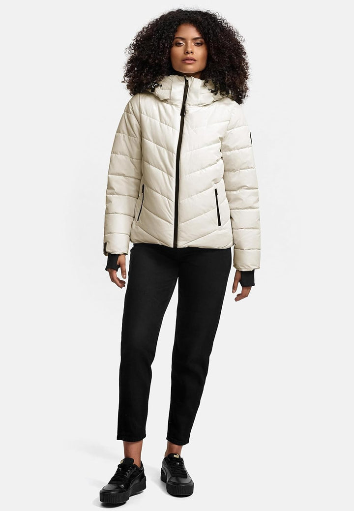 MARIKOO Damen Winterjacke warme Steppjacke mit abnehmbarer Kapuze Samuiaa XVI XS-3XL XS Offwhite, XS