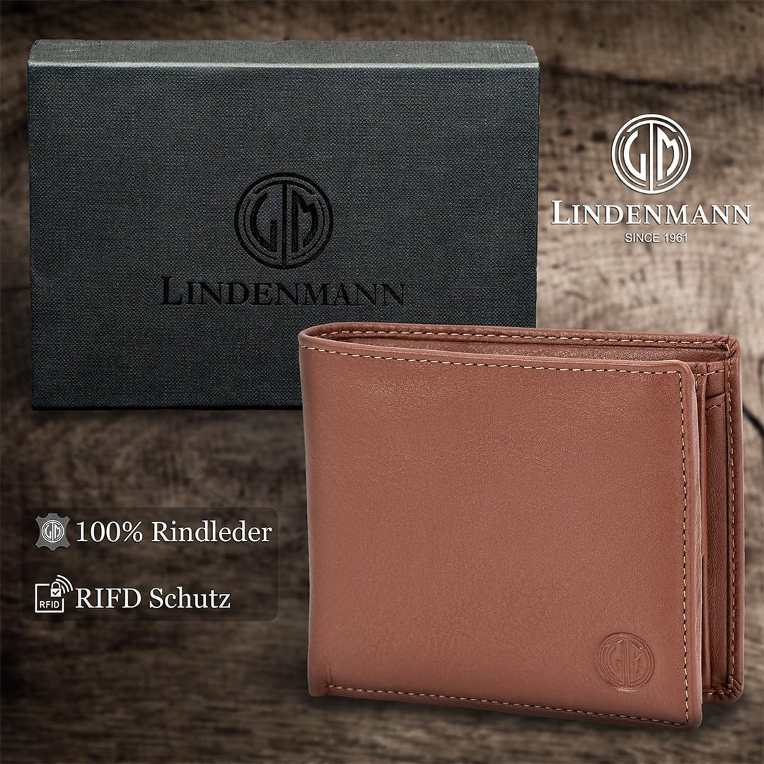 LINDENMANN Geldbörse Herren Portemonnaie Herren Leder, Rindleder matt, Cognac