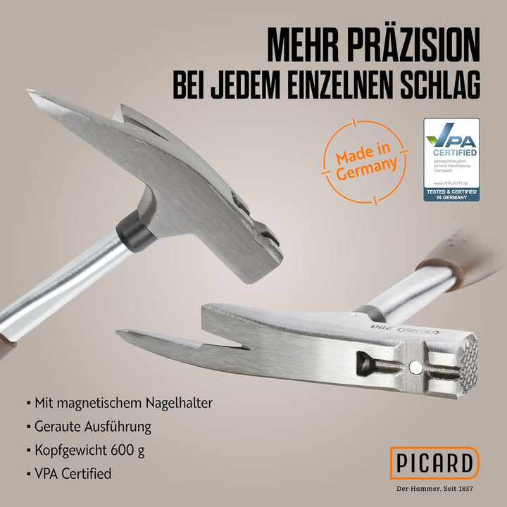 PICARD Latthammer 298 - mit magnetischem Nagelhalter + gerauhter Bahn - 600g | traditioneller Griff