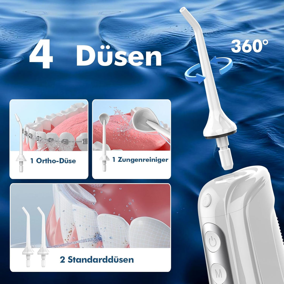 Munddusche Kabellos Elektrisch, Tragbarer Water Flosser mit 5 Modi & 4 Jet-Düsen, 300ML Wassertank,