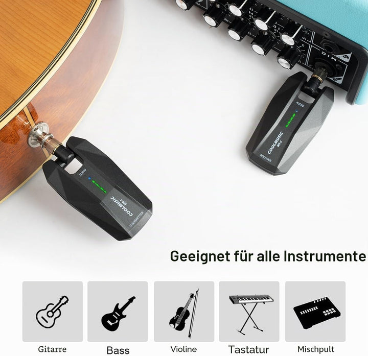 Coolmusic WS1 Kabelloses Stereo-Gitarrensystem 5,8 GHz mit 1/4-Zoll- und 1/8-Zoll-Instrumentenstecke