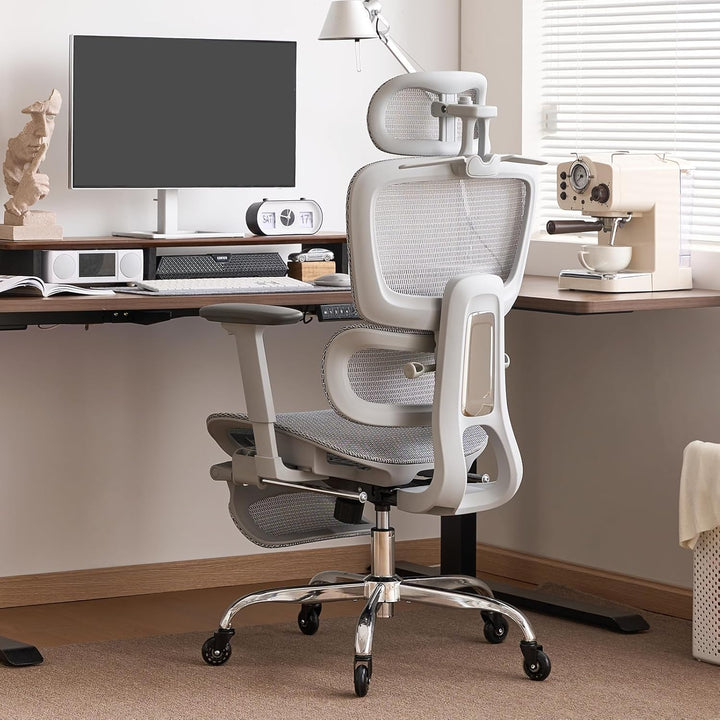 Ergonomischer Bürostuhl mit Fussstütze &amp; Nackenkissen, 5-Fach Höhenverstellbare Rückenlehne, 2D Lord