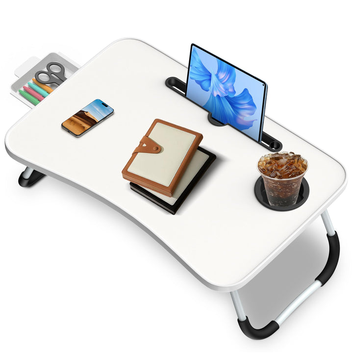 Soontrans Laptoptisch, 60 x 40 x 28 cm, Laptop Tisch mit Tablethalter, Schublade, Getränkehalter, Be