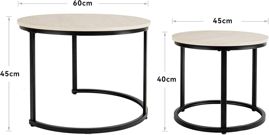 Hawthyhome 2 Stücke Beistelltisch Set rund, Couchtisch aus Holz mit Metallrahmen,Moderne Kaffeetisch