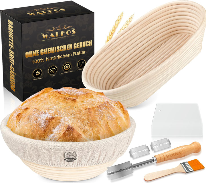 Gärkörb Set, Walfos® Gärkörbchen Set 2 (23cm Rundes & 25cm Oval), 100% Natürlichem Rattan - mit Bäck
