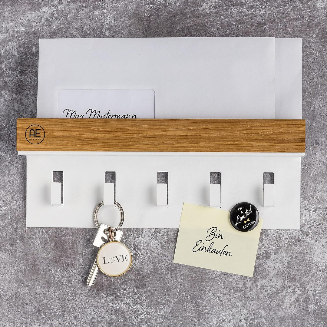 AE Günther® Schlüsselbrett Holz - Schlüsselhalter Weiss Stahl - Schlüsselboard Eiche - Schlüssel org
