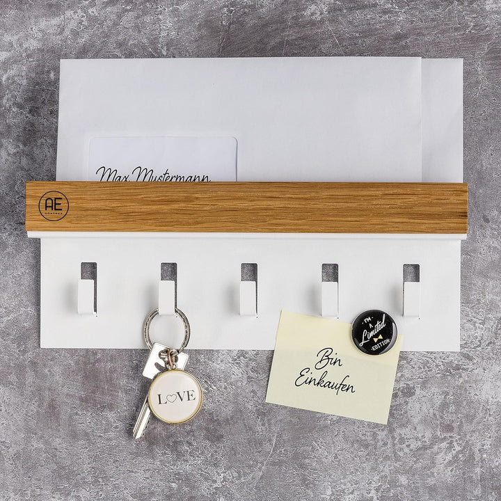 AE Günther® Schlüsselbrett Holz - Schlüsselhalter Weiss Stahl - Schlüsselboard Eiche - Schlüssel org