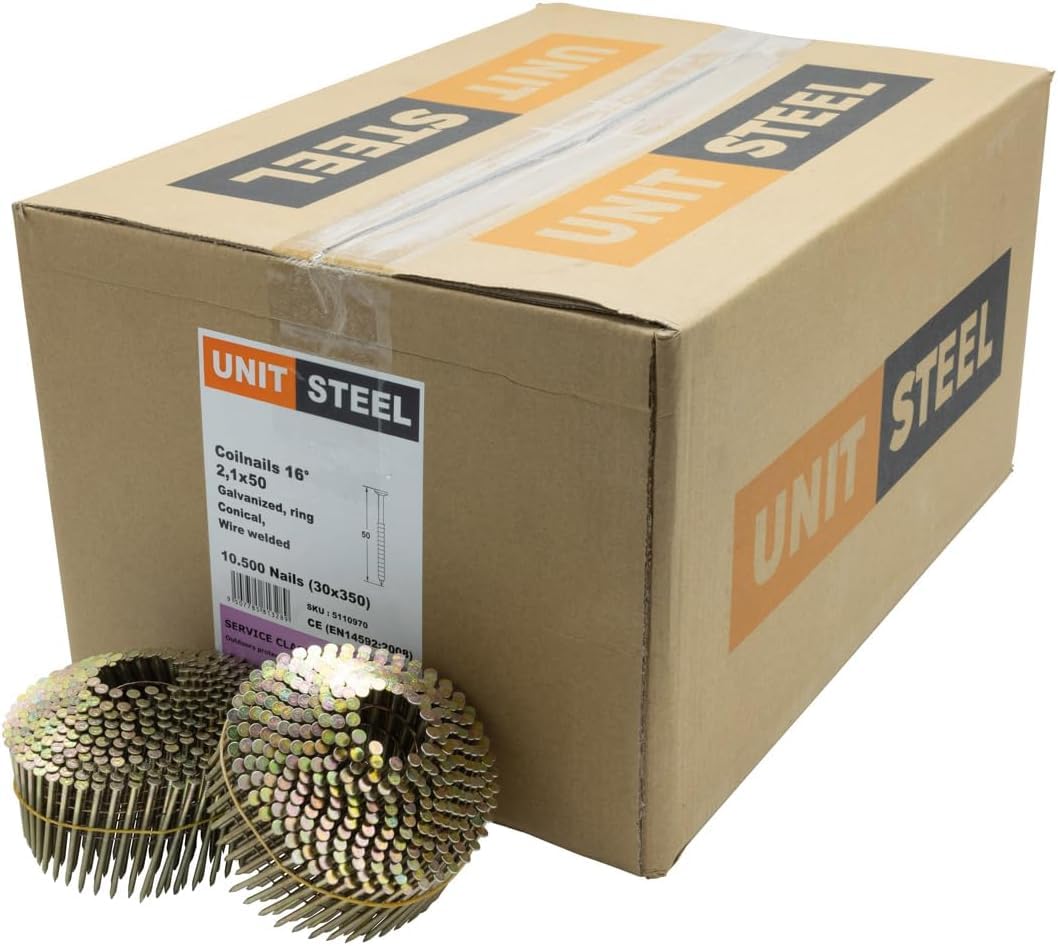 15° Coilnägel - 2,1X50mm, 10.500 stück, Ringnägel für Druckluft-Nagler, Ring/verzinkt, für fast alle