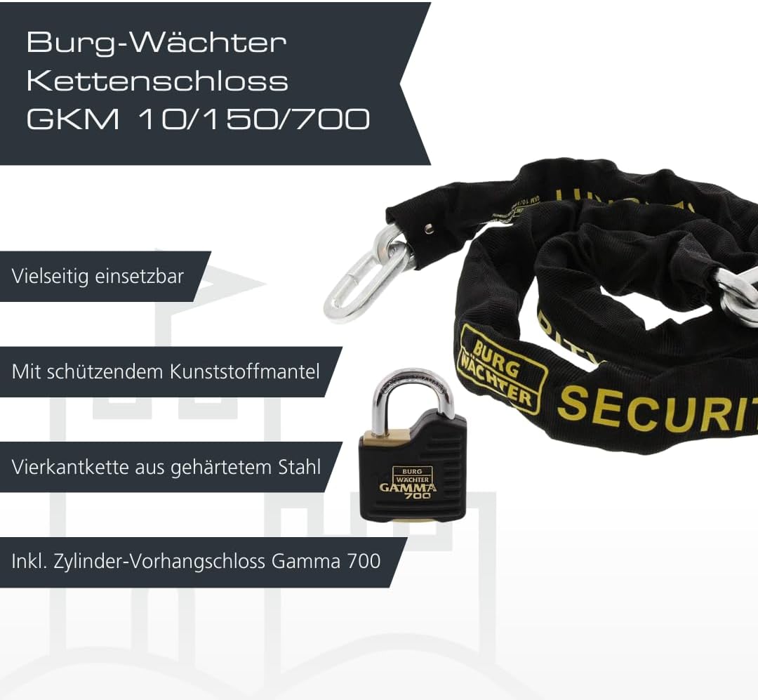 BURG-WÄCHTER Vierkantkette, Kette für Fahrrad, Motorrad, E-Scooter, Gartenmöbel, GKM 10/150, Gewicht