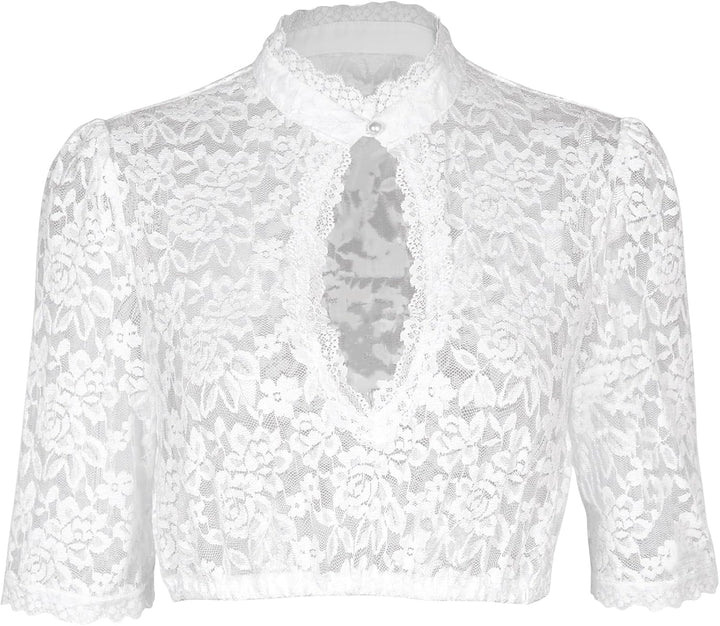 Dirndlwelle Dirndlbluse Hochgeschlossen,Exklusive Trachtenmode Dirndlbluse Langarm Dirndlbluse Weiss