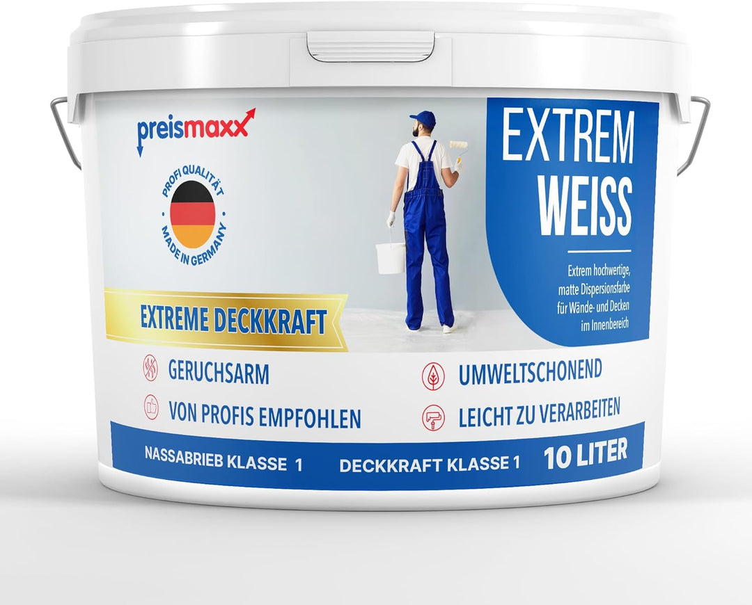 preismaxx Wandfarbe weiss, Innenfarbe, sehr hohe Deckkraft Klasse 1, 10 Liter, Nassabriebklasse 1, m