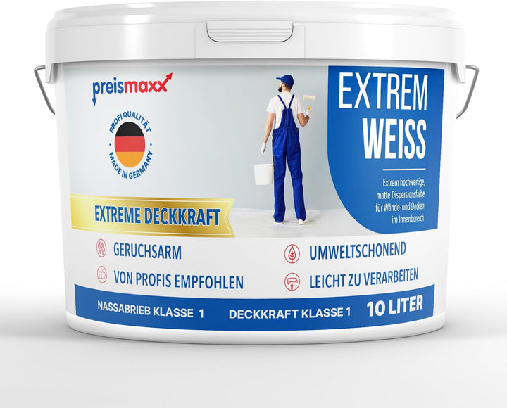 preismaxx Wandfarbe weiss, Innenfarbe, sehr hohe Deckkraft Klasse 1, 10 Liter, Nassabriebklasse 1, m