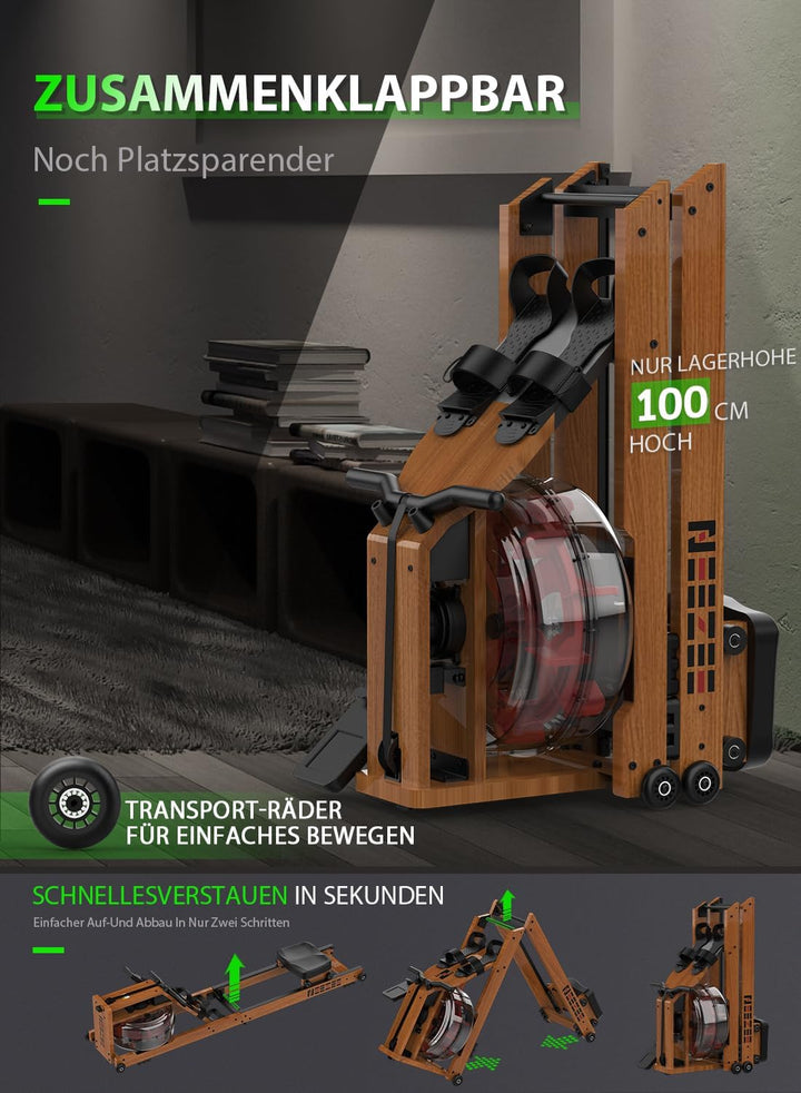 Neezee Wasser Rudergerät für Zuhause, Klappbar Rudergerät aus Massivholz, Rudermaschine mit Bluetoot