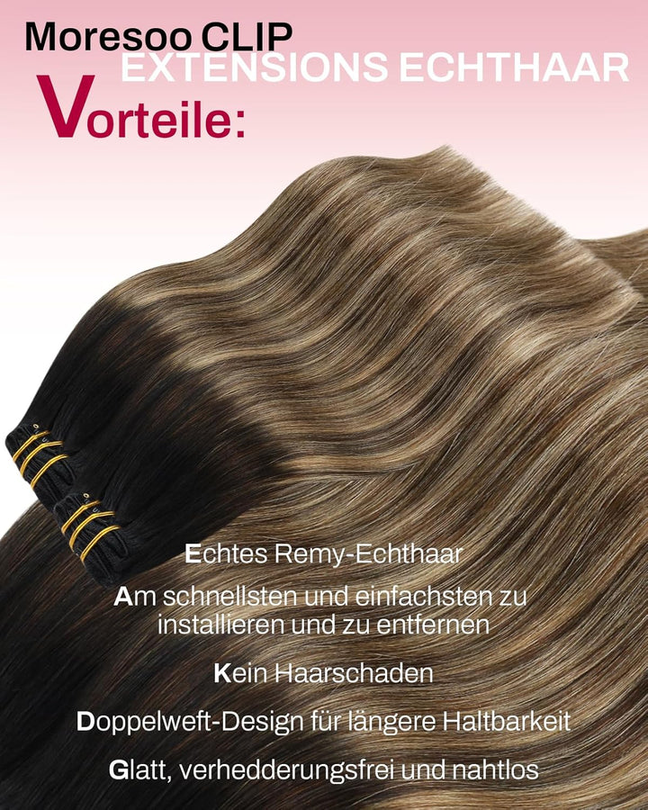 Moresoo Clip in Extensions Echthaar Schwarz Remy Haarverlängerung Echthaar Clip Schwarz Balayage Haa