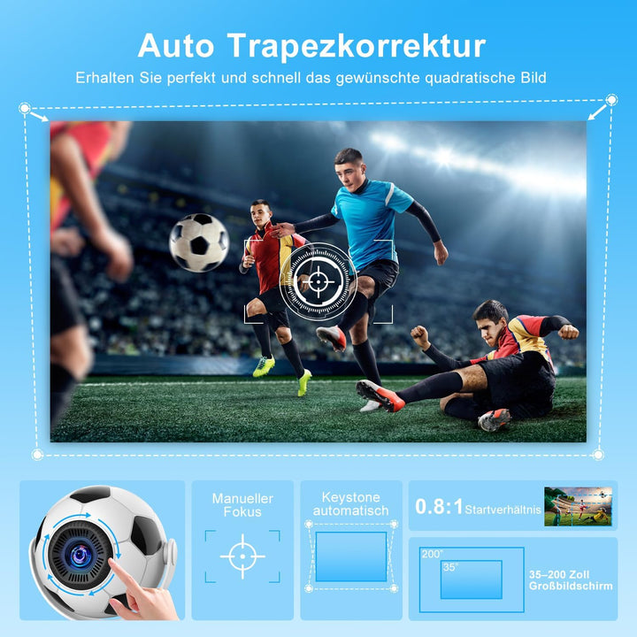 Mini Beamer Unterstützt 4K 2026,Smart Beamer Android 14,360° Fussball-Motiv,Smart Projektor Tragbare