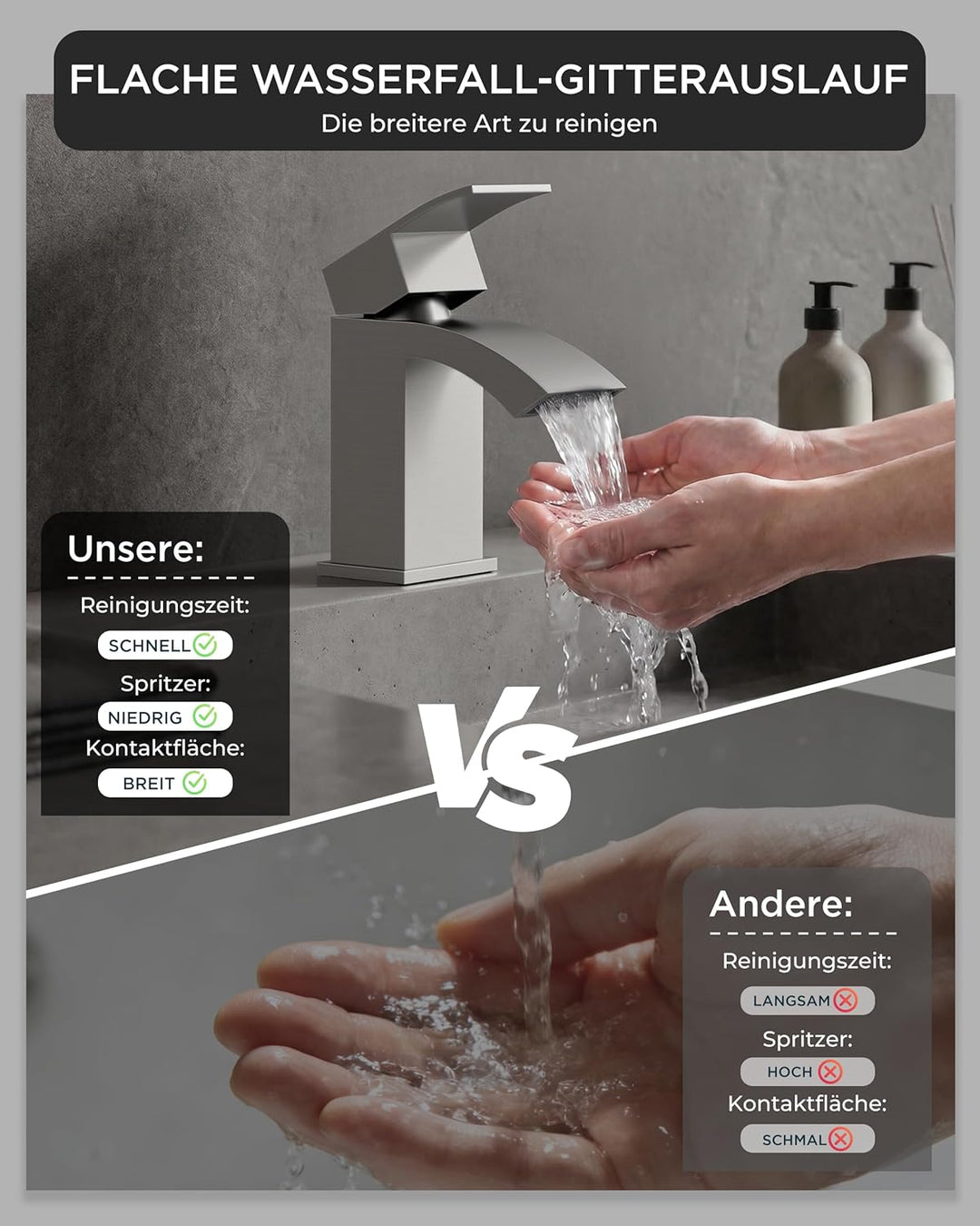 FORIOUS Wasserhahn Bad mit Ablaufgarnitur, Wasserfall Waschtischarmatur mit Auslauf Höhe 60 mm, Misc