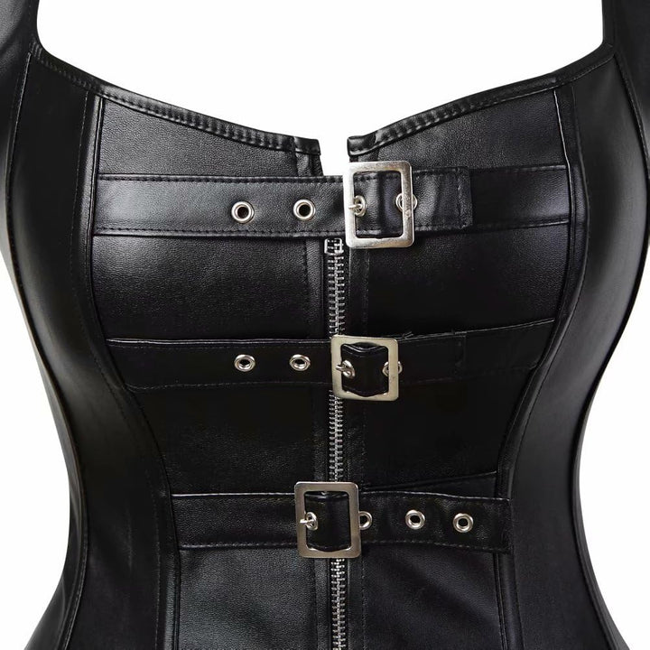 Corsage Korsett Gothic Bustier mit träger Leder Vollbrust Steampunk top Burlesque Halloween XXS Schw