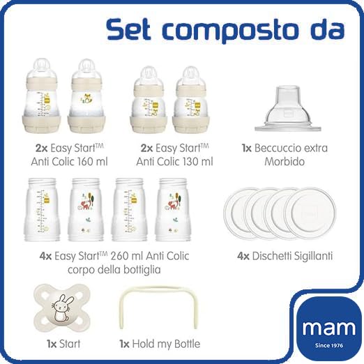 MAM Babyflasche Set mit 8 Anti-Kolik-Flaschen, 1 Original Start-Schnuller, 1 extra weicher Schnabel