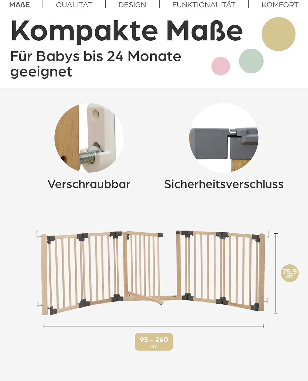 Yoko Kinderschutzgitter Holz 95-260 cm I Kaminschutzgitter flexibel freistehend oder Wandmontage I S