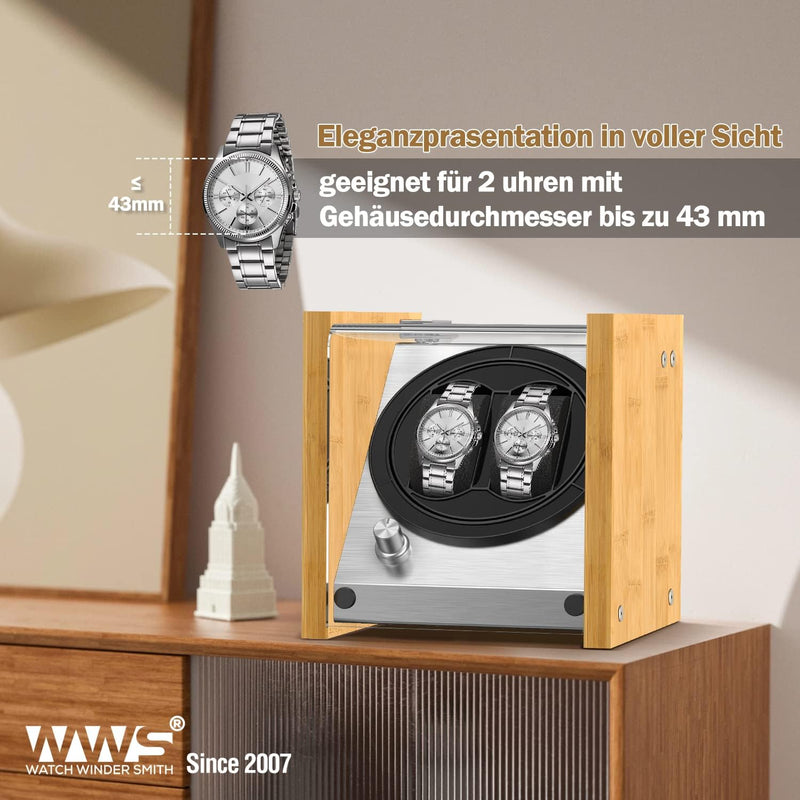 Watch Winder Smith Uhrenbeweger aus Bambusholz und Metall für 2 Uhren, WWS-B1BAM