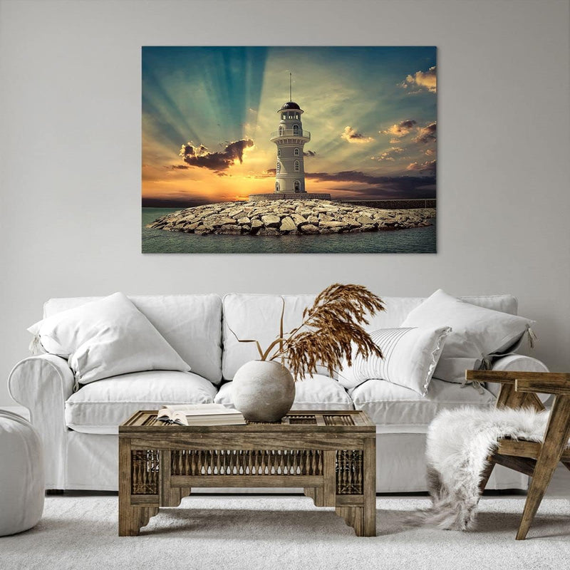 Bilder auf Leinwand 100x70cm Leinwandbild Leuchtturm Wasser Meer Steine Gross Wanddeko Bild Schlafzi