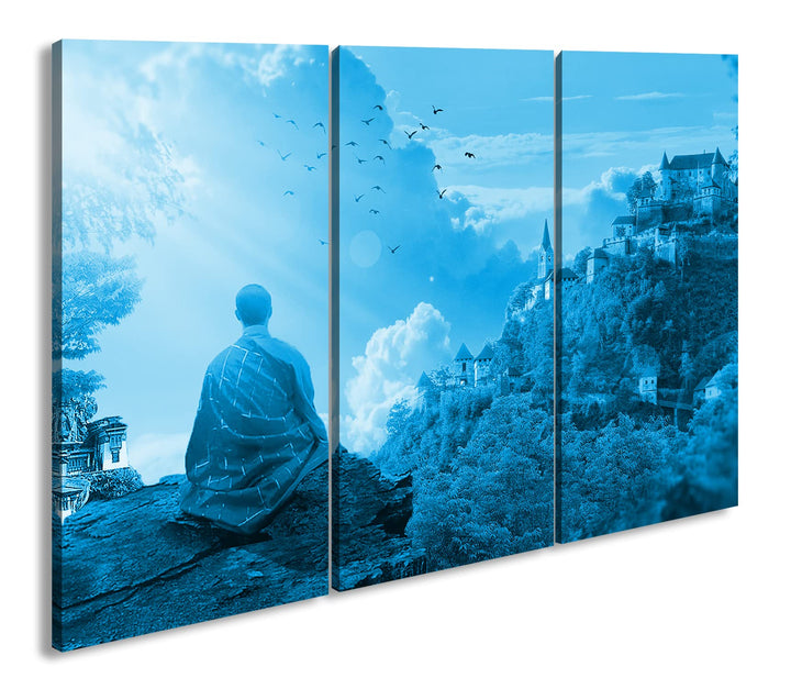 deyoli Buddhistischer Mönch Format: 120x80 3Teilig Effekt: Monocrome Blau als Leinwandbild, Motiv fe