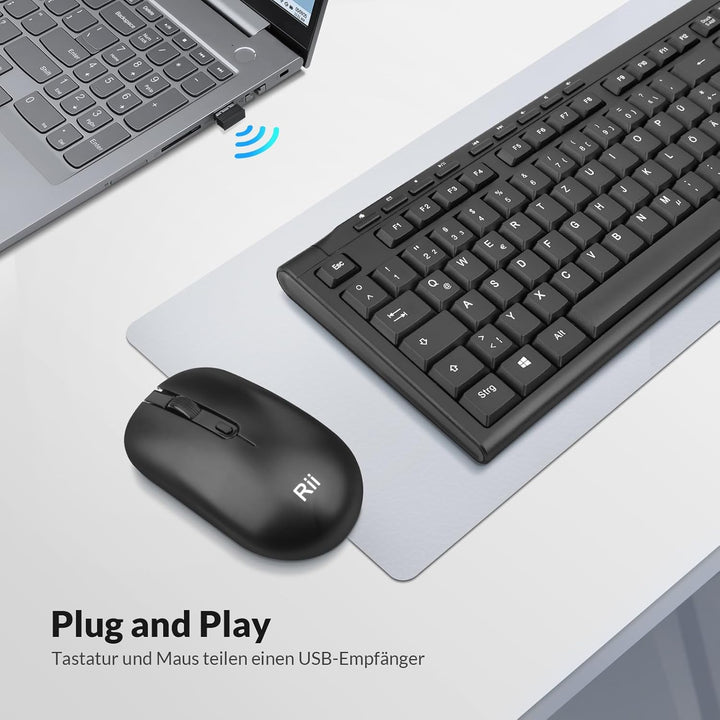 Rii Tastatur Maus Set Kabellos, Funktastatur mit Maus, 9 Shortcut-Tasten Wireless Keyboard and 4 DPI