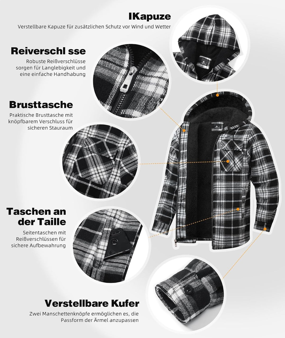 JACKETOWN Hemdjacke Kariertes Herren hoodies Flanelljacke Warm Thermohemd Herren Holzfäller Jacke Ve