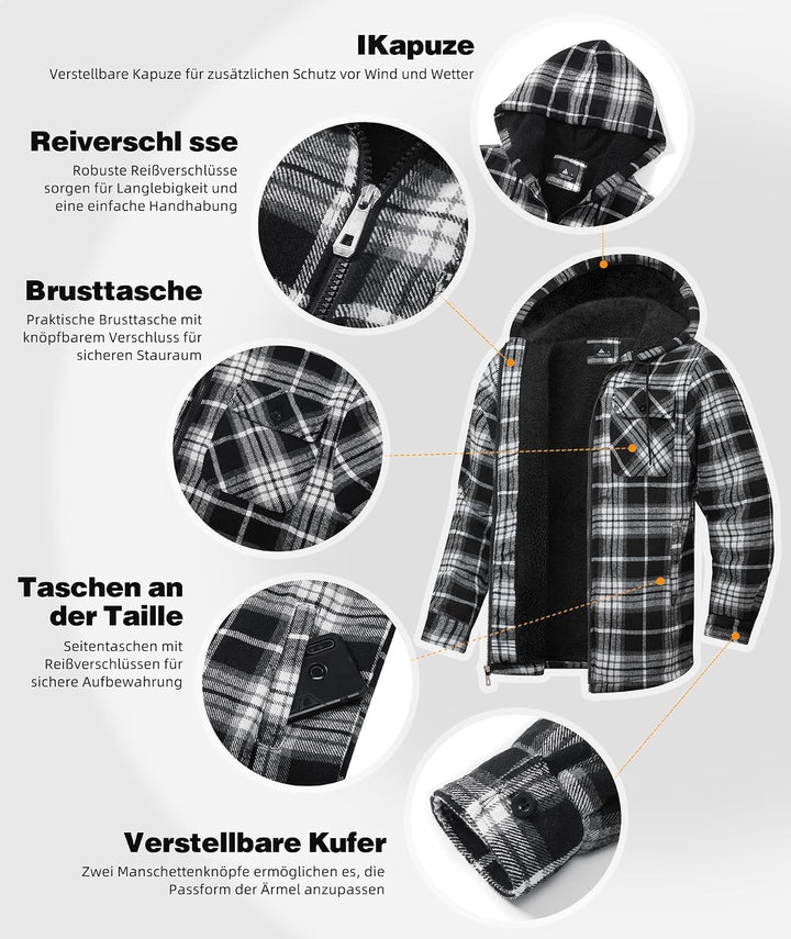 JACKETOWN Hemdjacke Kariertes Herren hoodies Flanelljacke Warm Thermohemd Herren Holzfäller Jacke Ve