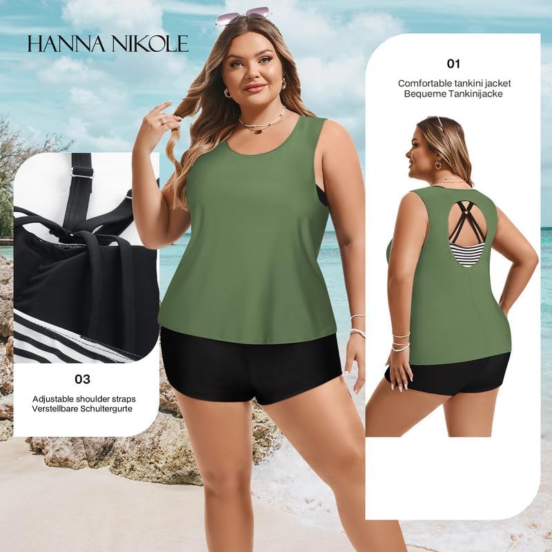 Hanna Nikole Tankini Damen Sportlich Grosse Grössen Dreiteilig Tank Aushöhlen Oberteil mit Boyshorts