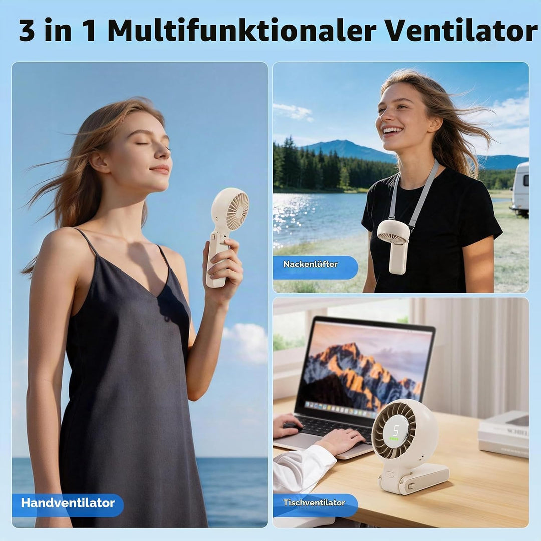Handventilator Tragbarer, Turbo Ventilator USB Aufladbar 4000mAh Akku, Faltbarer 3-in-1 Mini-Ventila