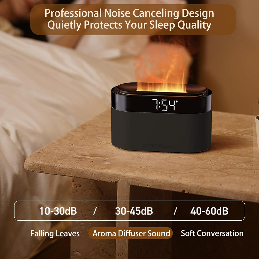 Flammen Aroma Diffuser mit Lichtwecker,Diffuser Ätherische Öle mit Fernbedienung,Wecker mit Licht,Lu