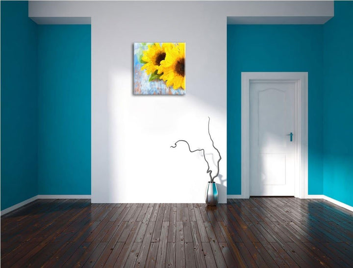 Pixxprint schöne Sonnenblumen auf Holztisch als Leinwandbild Quadratisch| Grösse: 70x70 | Wandbild|