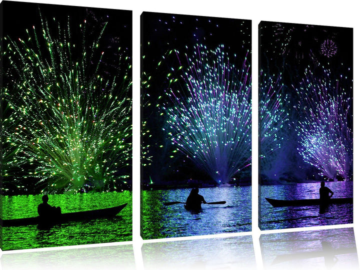Pixxprint Feuerwerk auf dem Wasser / 3-Teilig/Gesamtmass 120cm Leinwandbild bespannt auf Holzrahmen/