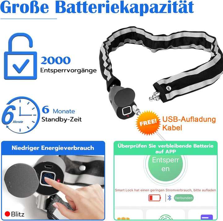 Anweller Fahrradschloss Fingerabdruck, Hohe Sicherheit Anti-Diebstahl Fahrrad Kettenschloss mit APP,