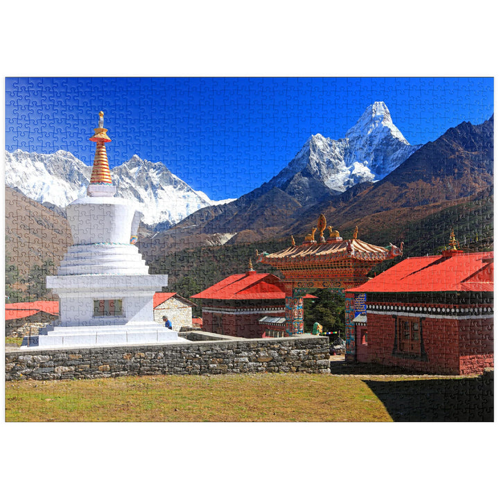 Stupa in der buddhistischen Klosteranlage Tengpoche gegen Mount Everest - Premium 1000 Teile Puzzle