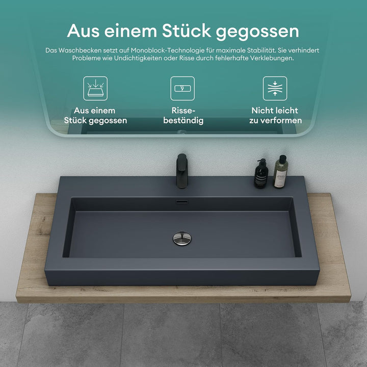 Mai & Mai Waschbecken Col18 Hängewaschtisch Aufsatzwaschbecken Mineralguss Anthrazit matt 1 Armature