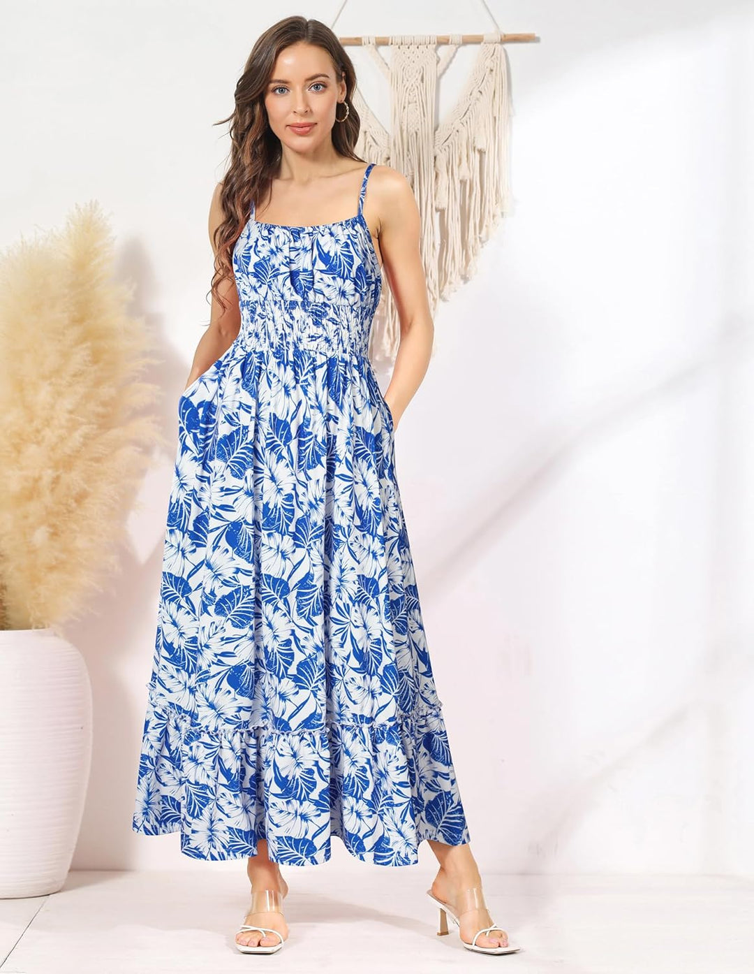 GRACE KARIN Damen Ärmellos Blumenkleid Maxikleid Casual Cami-Kleid Böhmisch Kleid Spaghettiträger Sm