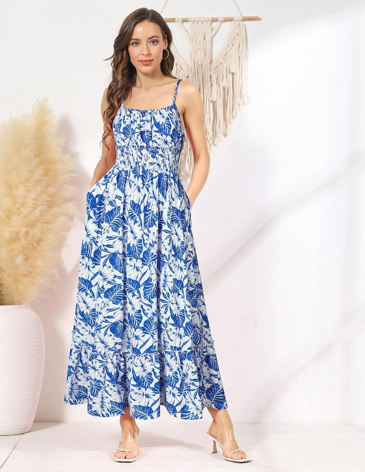 GRACE KARIN Damen Ärmellos Blumenkleid Maxikleid Casual Cami-Kleid Böhmisch Kleid Spaghettiträger Sm
