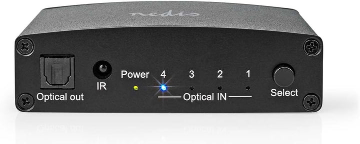 Nedis Digital-Audio-Switch | 4-Wege | Anschlüsse – Eingang: DC Power / 4X TosLink | Anschlüsse – Aus