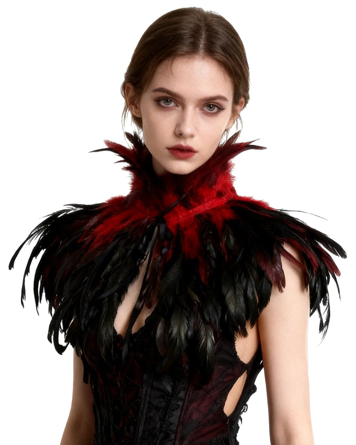 keland Schwarzer Gothic Victorian natürlicher Feder-Kap-Schal-Stola Poncho mit-Kragen Rot, Rot