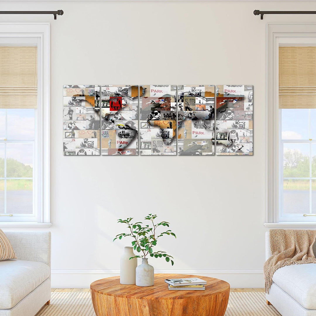 Runa Art Wandbild XXL Weltkarte Banksy Collage Loft Wohnzimmer 200 x 80 cm Bunt 5 Teilig - Made in G
